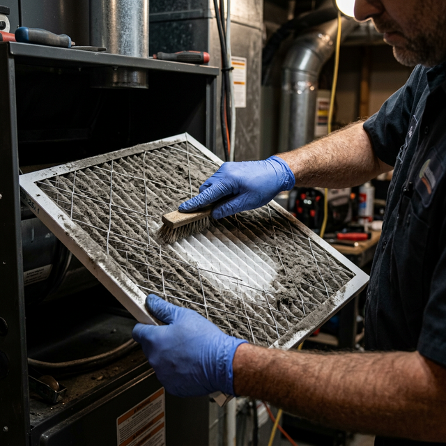 Dirty AC filter being cleaned by professional technician